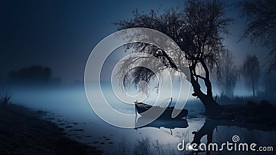 romantic moonlit riverfront cold fog AI Generative Image Stock Photo