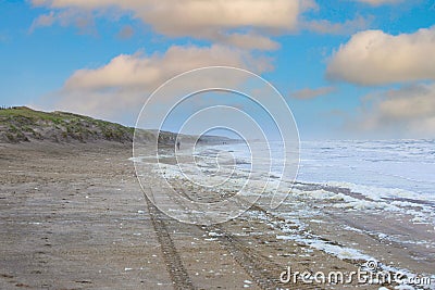 Landscape of the North Sea coast with foam of dead microscopic algae called phytoplankton Stock Photo