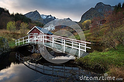 Landscape of the Nusfjord fishing village in the Lofoten Islands Stock Photo