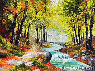 Landscape oil painting - river in autumn forest Stock Photo