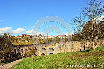 Landscape with old briedge in Rotenburg on Tauber Stock Photo