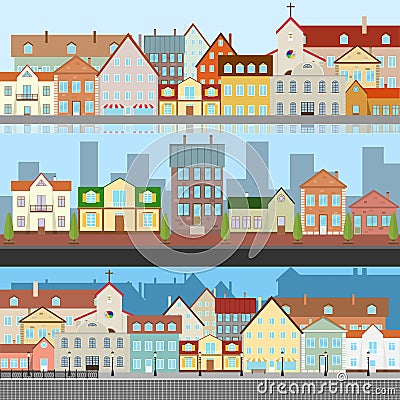 The landscape of the old city. Views of the old city. Street of the old town with a river. Cartoon Illustration