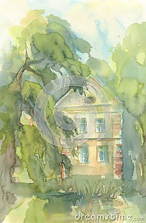 Landscape with old house, cityscape watercolor Stock Photo