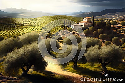 Landscape with olive trees Cartoon Illustration