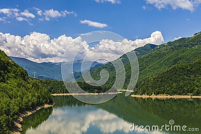 Landscape with Olt river in Romania surrounded by forest and mountains Stock Photo