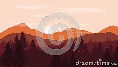 Landscape with orange and red silhouettes of mountains and hills Vector Illustration