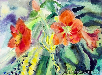Landscape original painting on paper colorful of Amaryllis flowers. Stock Photo
