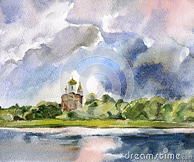 Landscape with Orthodox Church and lake. Cartoon Illustration