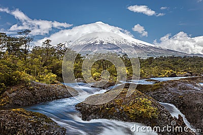 Landscape of the Osorno volcano with the Petrohue waterfalls and Stock Photo