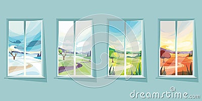 Landscape outside the window at different times of year. Vector Illustration