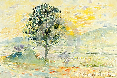 Landscape painting colorful of illustration rice field Cartoon Illustration