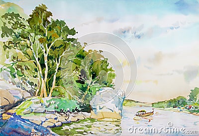 Landscape painting colorful of passenger ships in river. Stock Photo