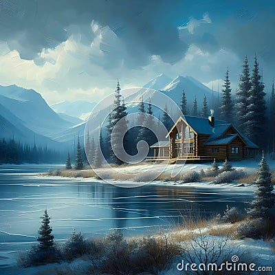 A landscape painting with log cabin on the steely blue sky. Stock Photo