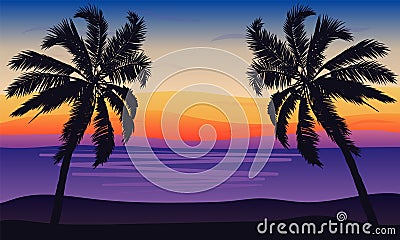 Landscape of palm trees against the sea in a blue-pink tone Vector Illustration