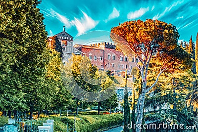 Landscape, panorama on Basilica di San Miniato Abbazia di San Miniato al Montein the Florence from Piazzale Michelangelo point Stock Photo