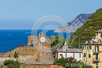 Landscape panorama with castle of Riomaggiore, historic building located in the upper part of the historic center of Riomaggiore, Stock Photo