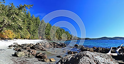 East Sooke Park Landscape Panorama of Aylard Farm Beach on Juan de Fuca Strait, Vancouver Island, British Columbia Stock Photo