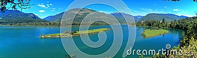 Landscape Panorama of Columbia River Valley with Big Eddy at Revelstoke, British Columbia, Canada Stock Photo