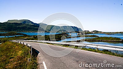 Landscape panoramic view to Fredvang bridge, Torvoya and buoya islands and Hovdanvika bay, Lofoten, Norway Stock Photo