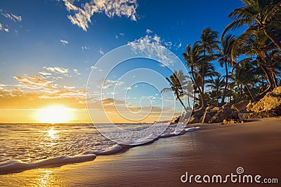 Landscape of paradise tropical island beach, sunrise shot Stock Photo