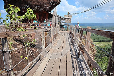 Landscape, pathway, high and steep wooden floor, beautiful sky background on the rocky mountain, Phu Thok Temple, Bueng Kan Editorial Stock Photo