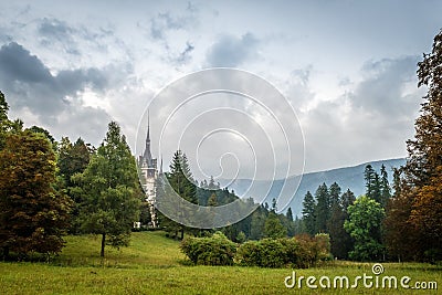 Landscape and Peles castle, Sinaia, Transylvania, Romania Stock Photo