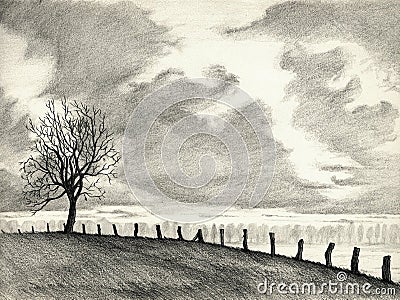 Landscape pencil drawing Stock Photo