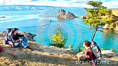 Landscape with People on the high Rocky shore of a mountain Lake Stock Photo