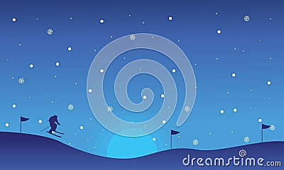 Landscape people skiing of silhouettes Christmas Vector Illustration