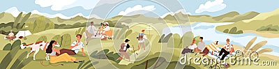 Landscape with people spending summer time outdoor. Men and women with children and pets relaxing in nature, having Vector Illustration