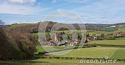 Landscape photo of the characterful village of Fingest in the Chiltern Hills, surrounded by farming land. Stock Photo