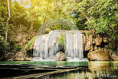 Landscape photo, Erawan Waterfall, beautiful waterfall rain forest Stock Photo
