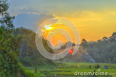 Landscape of Ricefields at the Foot of the Hills Before The Sun Sets in the Afternoon Stock Photo