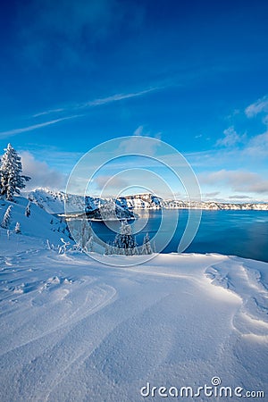 Inter Forest Crater Lake Snowy Mountain Landscape Photograph Oregon Pacific Northwest Mountain Trees Stock Photo