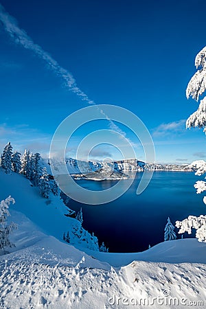 Inter Forest Crater Lake Snowy Mountain Landscape Photograph Oregon Pacific Northwest Mountain Trees Stock Photo