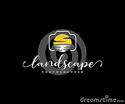 Landscape photographer logo design. Digital camera and lens in the form of sun and water vector design Vector Illustration