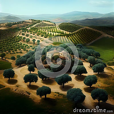 Landscape with plantations, trees and farm house Cartoon Illustration