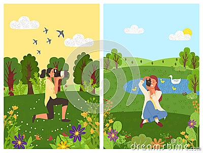 Landscape with Pond and Swans, Forest and Woman Vector Illustration