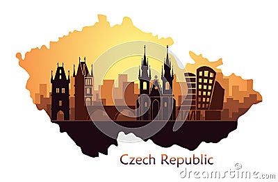 Landscape of Prague with sights. Abstract skyline in the form of a map of the Czech Republic Vector Illustration