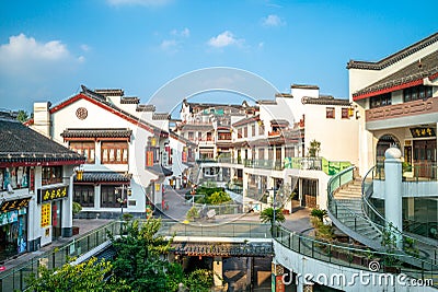 Landscape of Qibao Old Town with many hotels and restaurants in Shanghai, China Editorial Stock Photo