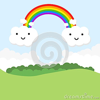 Landscape with rainbow and funny clouds. Vector illustration Vector Illustration