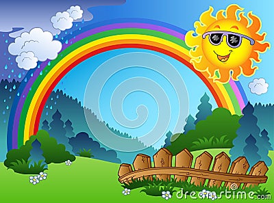 Landscape with rainbow and Sun Vector Illustration