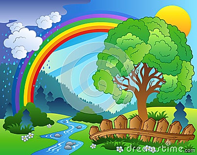 Landscape with rainbow and tree Vector Illustration