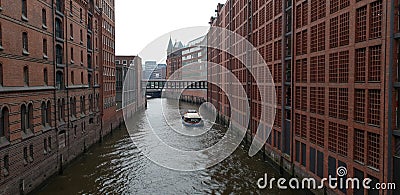 Hamburg cityscape with colorful buildings and water canal Editorial Stock Photo