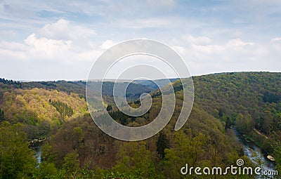 The landscape of the river in forest in summer on a hazy, warm day. Stock Photo