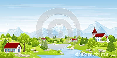 Landscape with river mountains, houses Vector Illustration