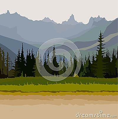 Landscape road, coniferous forest mountains in the background Vector Illustration