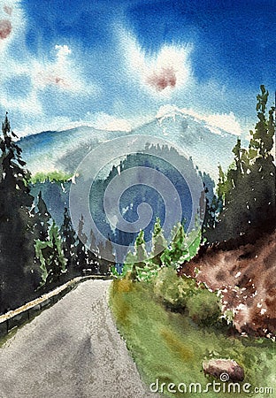 Landscape with road, mountains and fir forests. Cloudy sky and stone on the first plane. Hand drawn watercolor with paper texture Stock Photo