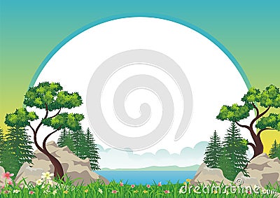 Landscape with rocky hill, Lovely and cute scenery cartoon design. Stock Photo