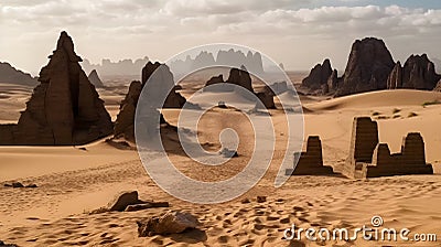 Landscape of a ruin in a desert with some rocky cliff and human path in the sandy desert Stock Photo